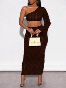 BamGleam One Shoulder Crop Top & Pencil Skirt Fall Cloth For Women - Coffee Brown - View 6