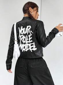 Muchica Slogan Graphic Zip Up PU Leather Jacket - Black - View 2