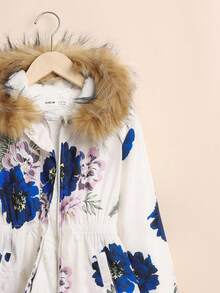SHEIN Tween Girl Floral Print Fuzzy Trim Hooded Thermal Lined Coat - White - View 6