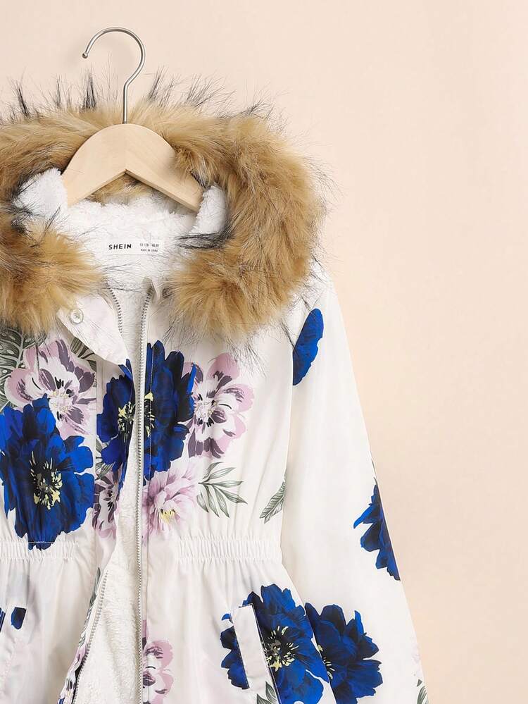 SHEIN Cô gái Tween In hoa Trang trí Fuzzy áo có mũ Lót nhiệt áo - trắng - Xem 6