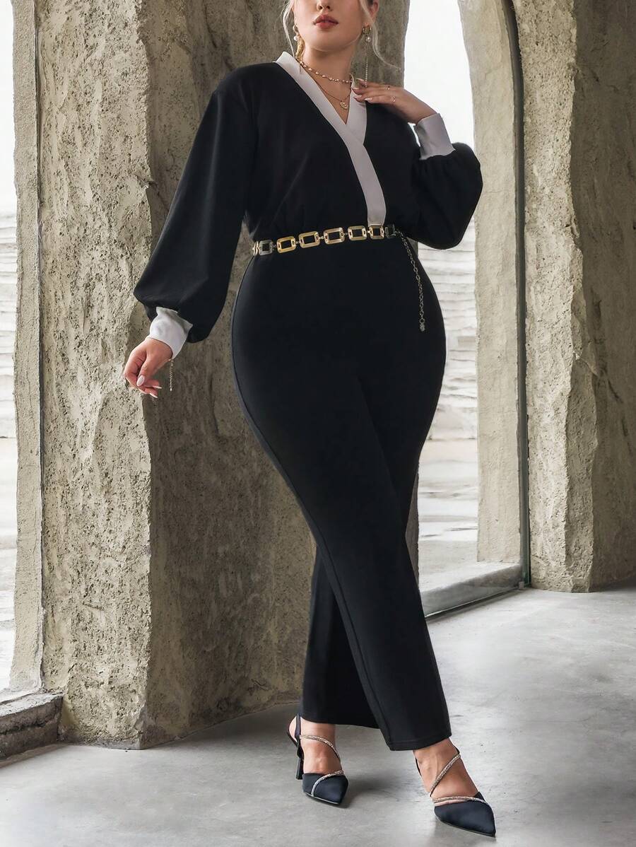 SHEIN Privé 大碼拼接邊燈籠袖喇叭連身褲不附腰帶 - 黑與白 - 查看 1