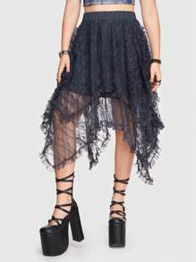 ROMWE Goth Asymmetrical Hem Lace Skirt - Dark Grey - View 3