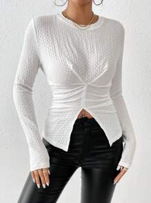 SHEIN Privé 素色前收褶下擺開叉T恤 - 白色 - 查看 1