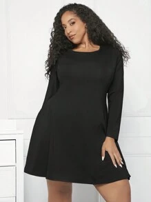 SHEIN CURVE+ Plus Solid A-line Dress - Black - View 5