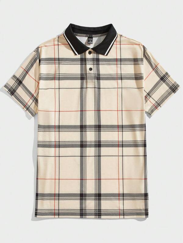 Manfinity BRENVOR Camisa polo casual en tono caqui con cuello de camisa y estampado de cuadros para hombre, regalo para novio