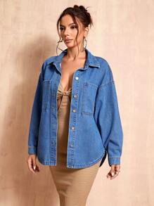 SHEIN BAE 落肩袖口袋貼布牛仔襯衫 - 深色水洗藍 - 查看 5