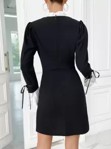 SHEIN Privé Frill Trim Knot Cuff Button Front Dress - Black - View 4