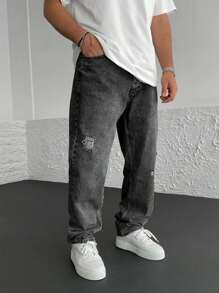 Men Ripped Straight Leg Jeans - Dark Grey - View 5