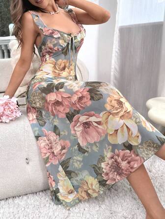 Floral Print Knot Front Cami Pajama Nightdress Long Dress