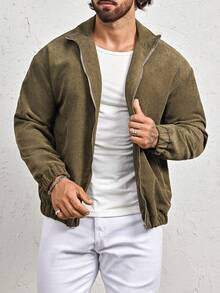 Manfinity Homme Men's Loose Fit Corduroy Zip Up Jacket - Army Green - View 6
