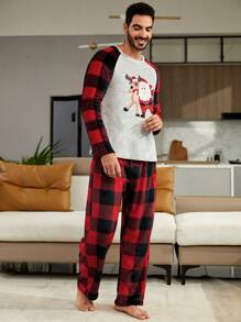 1pc Christmas Print Raglan Sleeve Tee & 1pc Buffalo Plaid Print Pants PJ Set / Pajama Set, Fall/Winter Clothes - Multicolor - View 6