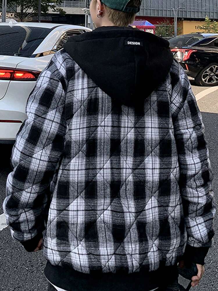 Men Plaid Print Zip Up Drawstring Hooded Padded Coat