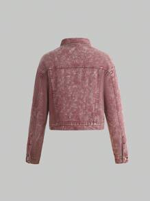 Teen Girl Pocket Patched Drop Shoulder Denim Jacket - Red - View 2