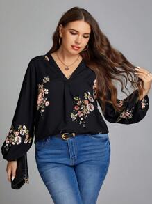 SHEIN LUNE Cộng với áo sơ mi tay đèn lồng in hoa - màu đen - Xem 3