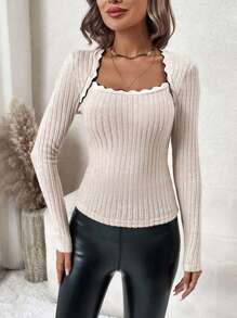 SHEIN Clasi Scallop Trim Ribbed Knit Tee