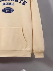 SHEIN 青少年女孩字母圖案袋鼠口袋落肩袖連帽衫 - 杏色 - 查看 5