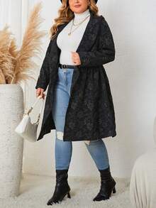 Plus Floral Jacquard Drawstring Waist Coat - Black - View 4