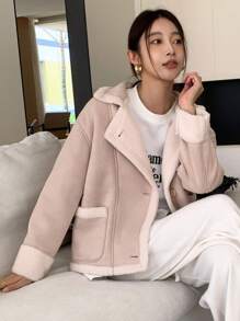 DAZY 雙口袋落肩袖毛絨內襯外套 - 杏色 - 查看 3