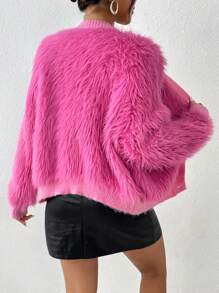 SHEIN Privé Chất rắn Nút phía trước 	
Fuzzy Áo len Mở - Màu Hồng Tươi - Xem 2