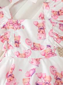 Girls Baby Butterfly Print Ruffle Trim Combo Bodysuit Dress & Headband - Multicolor - View 3