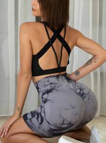 Easithlete 3 件扎染宽带腰运动短裤女士运动短裤、健身短裤、骑行短裤 - 黑色 - 查看 4