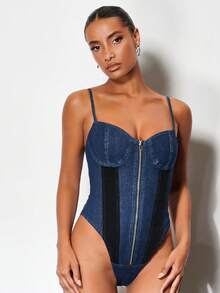 SHEIN BAE Dây kéo mặt trước Bustier Hai Dây Bộ đồ liền thân denim - Màu xanh lam - Xem 3