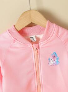 Baby Girl Cartoon Graphic Raglan Sleeve Zip Up Bomber Jacket - Pink - View 4