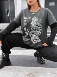 Flirla Plus Chinese Dragon & Slogan Graphic Drop Shoulder Sweatshirt - Dark Grey - View 1