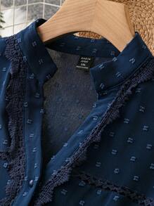 SHEIN LUNE Plus Swiss Dot Frill Trim Button Front Shirt - Navy Blue - View 5