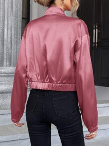 SHEIN Essnce 落肩袖拉鏈開襟緞面夾克 - 藕粉色 - 查看 2
