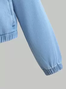 Teen Girl Drop Shoulder Elastic Hem Denim Jacket - Medium Wash - View 3