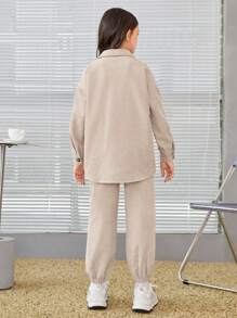 SHEIN Áo sơ mi và quần nhung kẻ trễ vai Tween Girl Letter Patched - Màu be - Xem 2