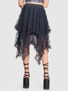 ROMWE Goth Asymmetrical Hem Lace Skirt - Dark Grey - View 1