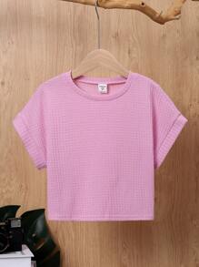 SHEIN Chica preadolescente Camiseta unicolor de manga murciélago - Lila Púrpura - Ver 1