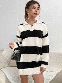 Flirla Vestido de punto de dos tonos de hombros caídos