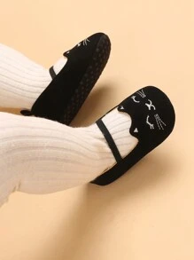 1pair Cartoon Embroidered Soft Sole Flat Shoes For 0-1 Year Old Baby Girls - Black - View 5