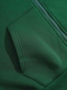 男士字母圖案拉鏈開襟抽繩加絨內裏連帽衫 - 墨綠色 - 查看 7