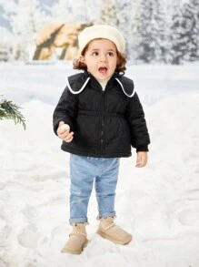 SHEIN Baby Girl Contrast Binding Zipper Wave Quilted Coat - Black - View 6