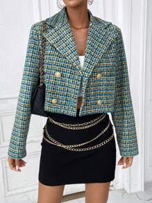 SHEIN Privé Plaid Double Breasted Crop Blazer - Blue and White - View 1