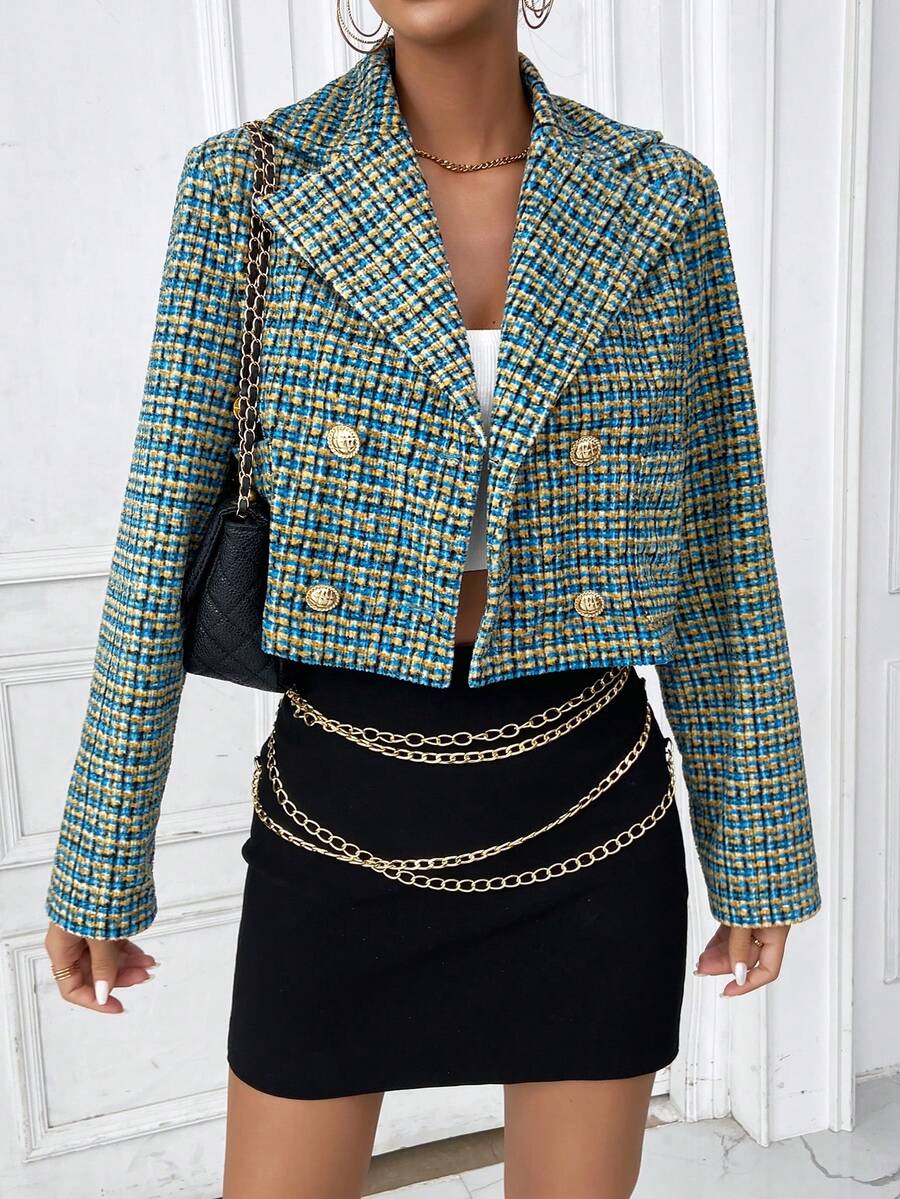SHEIN Privé Plaid Double Breasted Crop Blazer - Blue and White - View 1
