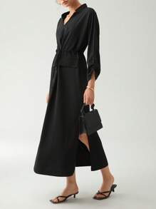 Chiquease Tay áo cuộn Eo dây rút Đầm - màu đen - Xem 4