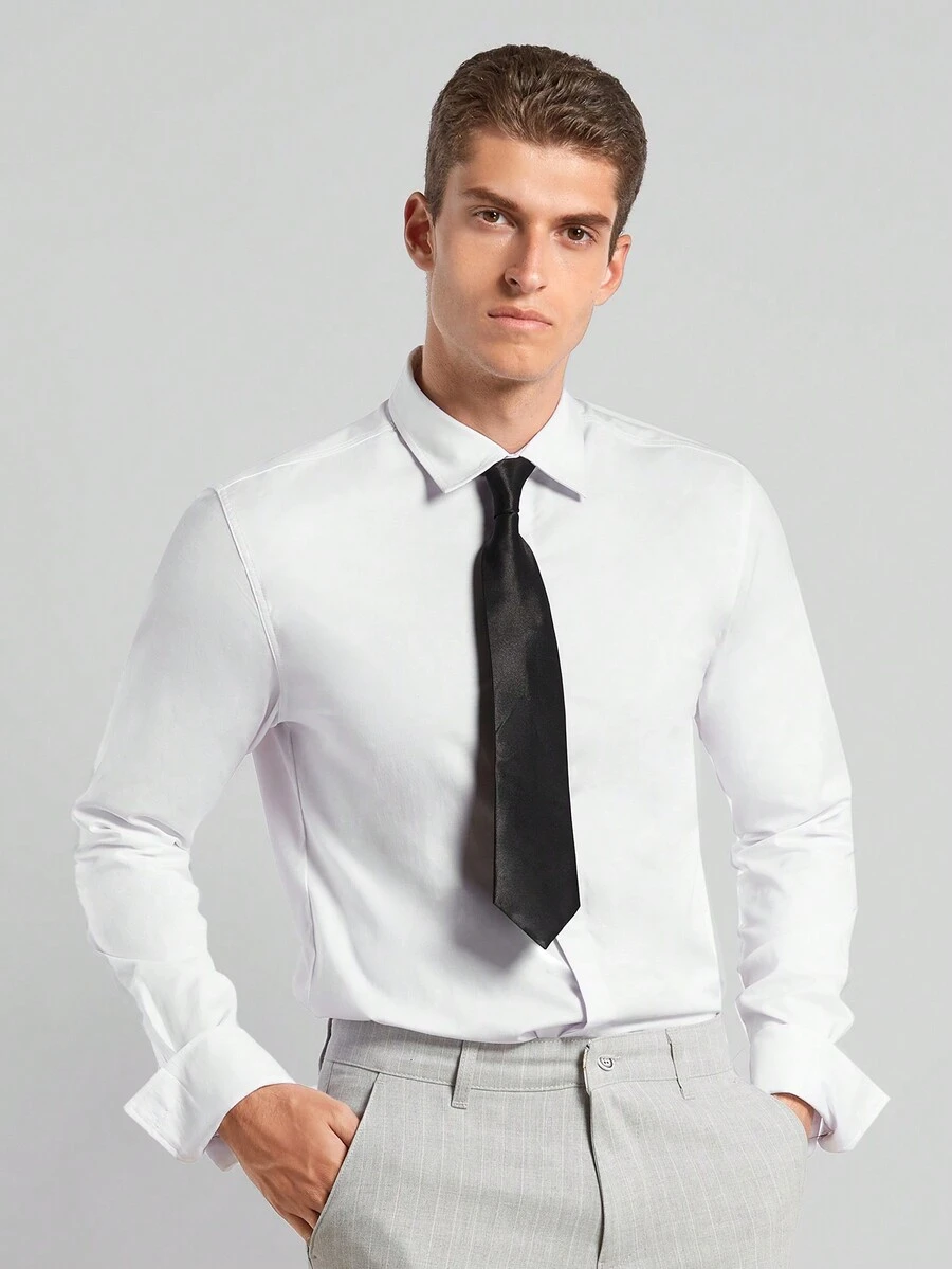 RueChic Áo sơ mi nam cài nút phía trước có cà vạt - trắng - Xem 1