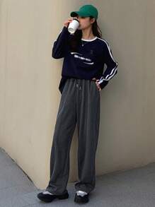 FRIFUL Solid Drawstring Waist Slant Pocket Pants - Dark Grey - View 5