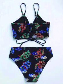 Conjunto de bikini con estampado de dragón chino y cordones cruzados - Multicolor - Ver 2