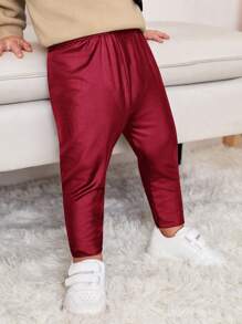SHEIN Leap Crew Baby Girls' Relaxed Fit, Elastic Waist, Solid Color Leggings - Burgundy - View 5