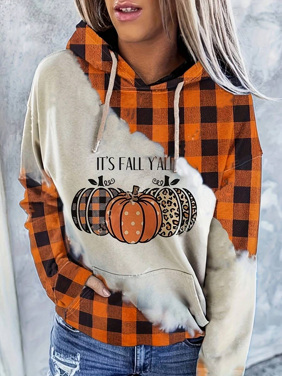 Pumpkin & Buffalo Plaid Print Drop Shoulder Drawstring Hoodie - Multicolor - View 1