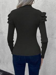 EMERY ROSE Button Detail Ruffle Trim Mock Neck Sweater,Long Sleeve Tops Knit Pullover Fall Winter Sweater - Black - View 2