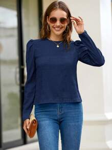 SHEIN Clasi Áo sơ mi tay phồng trơn - Màu xanh hải quân - Xem 5