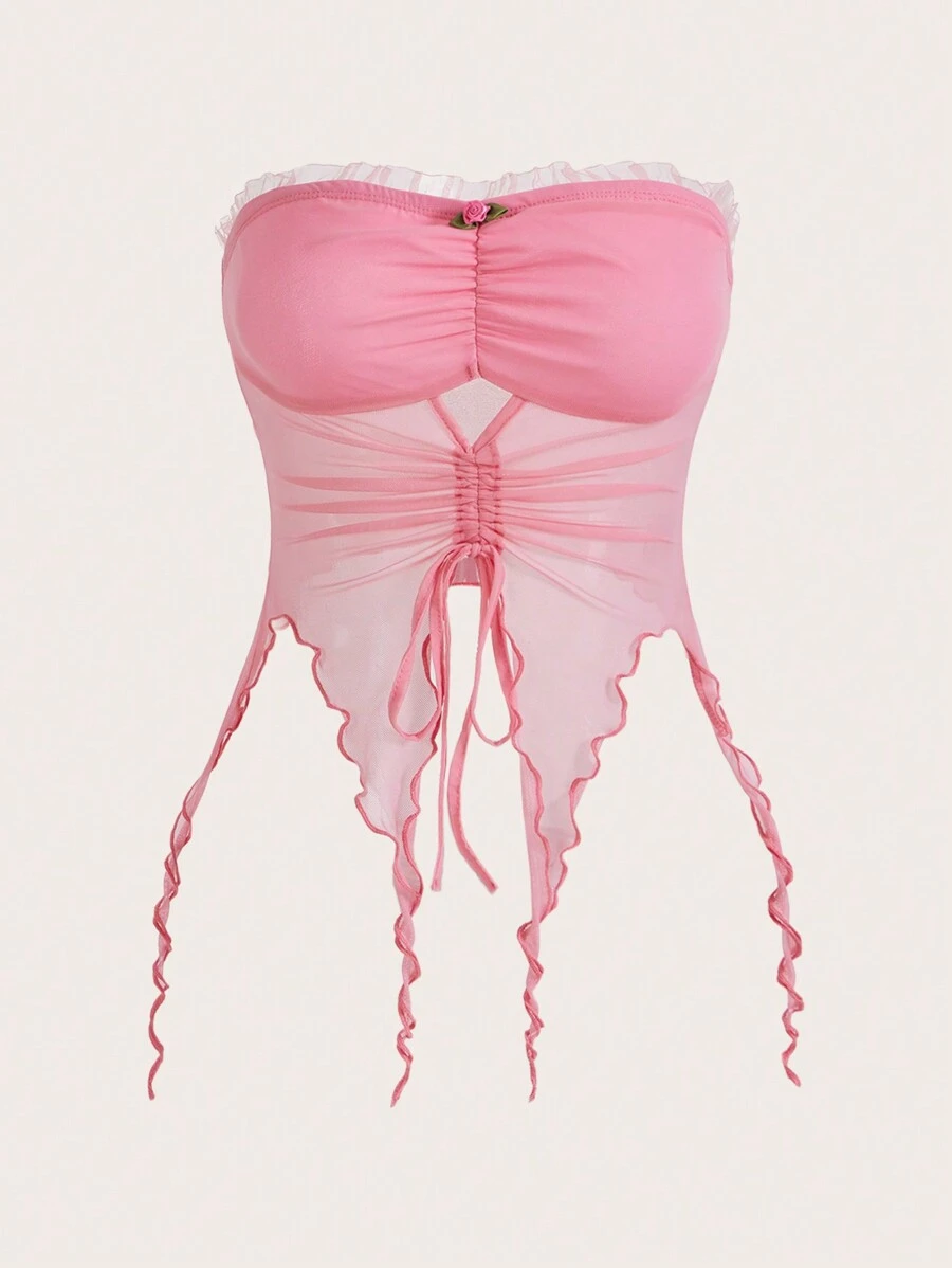 SHEIN ICON Drawstring Front Asymmetrical Hem Tube Top - Baby Pink - View 1