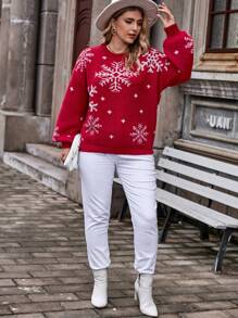 SHEIN Franclia 大碼雪花圖案落肩袖套頭毛衣 - 紅色 - 查看 5